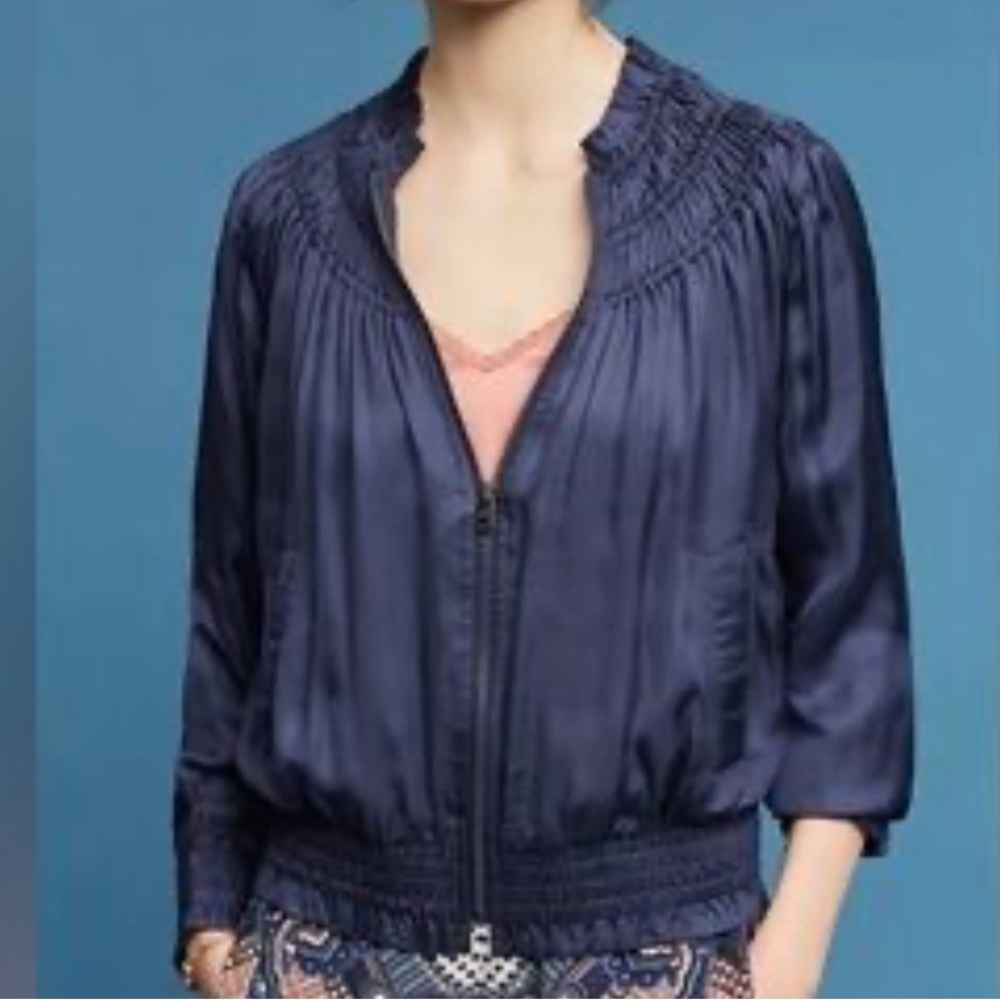 Anthropologie Love Sam Blue Smocked Bomber Jacket Women’s XL Preowned